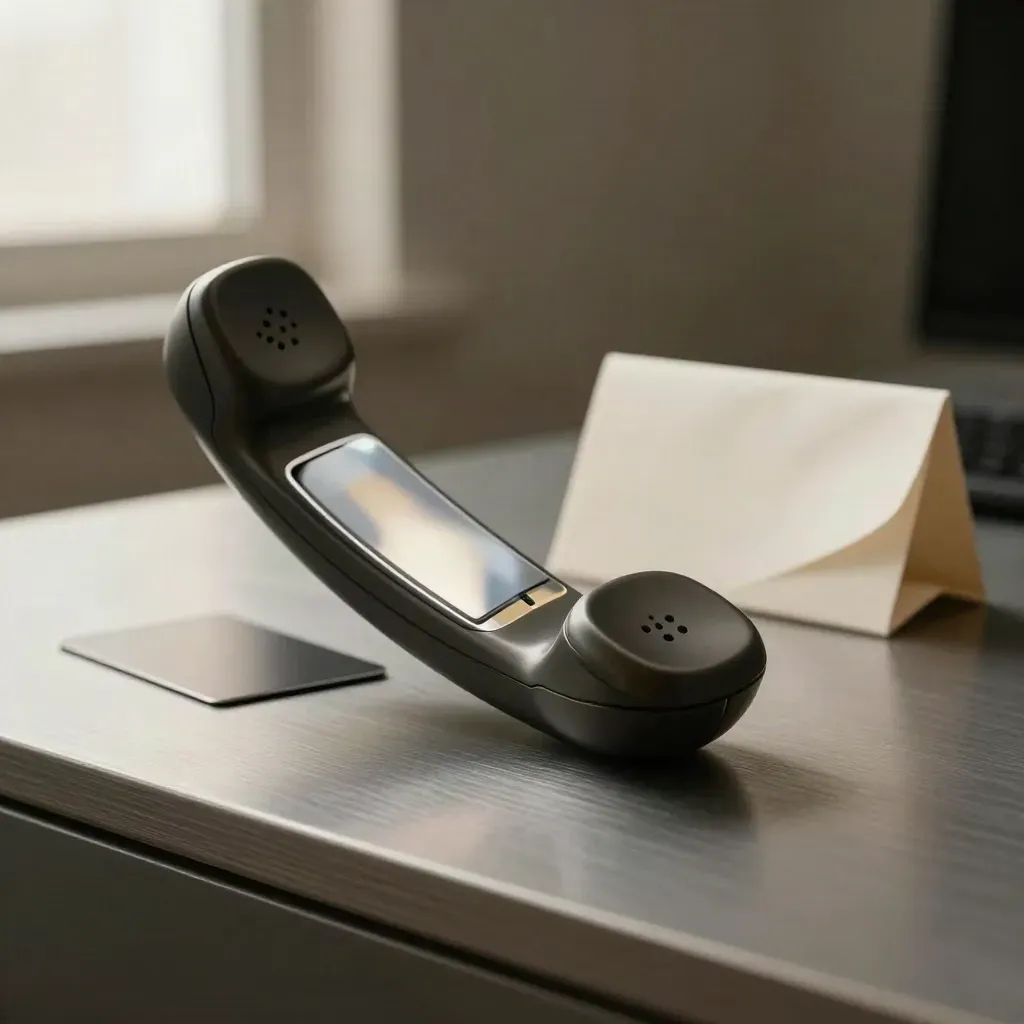 Dark handset, reply modules and chrome blocks on brushed metal in a low studio hero shot