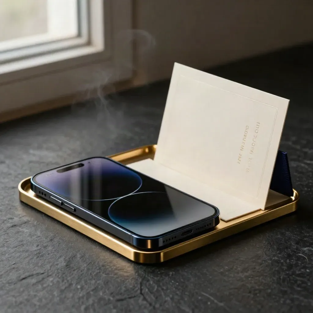 Black phone, brass tray and invitation blocks in a dark luxe VIP text club kit.